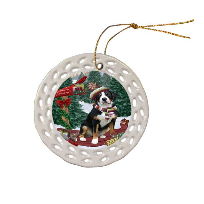 Merry Christmas Woodland Sled Greater Swiss Mountain Dog Ceramic Doily Ornament DPOR55302