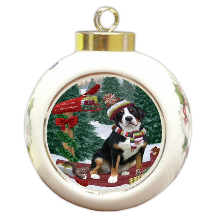Merry Christmas Woodland Sled Greater Swiss Mountain Dog Round Ball Christmas Ornament RBPOR55302