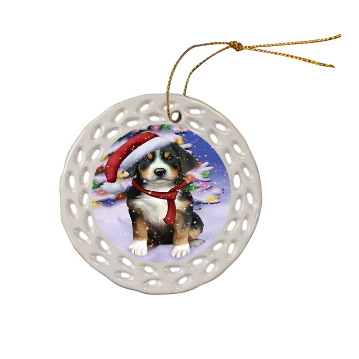 Winterland Wonderland Greater Swiss Mountain Dog In Christmas Holiday Scenic Background Ceramic Doily Ornament DPOR53761