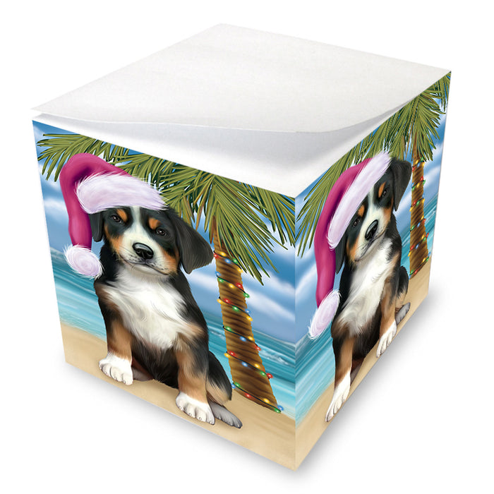 Summertime Happy Holidays Christmas Greater Swiss Mountain Dog on Tropical Island Beach Note Cube NOC56081