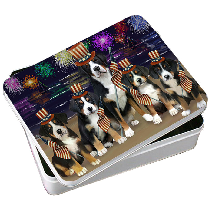 4th of July Independence Day Firework Greater Swiss Mountain Dogs Photo Storage Tin PITN52100