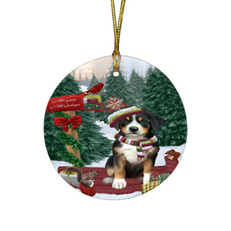 Merry Christmas Woodland Sled Greater Swiss Mountain Dog Round Flat Christmas Ornament RFPOR55303
