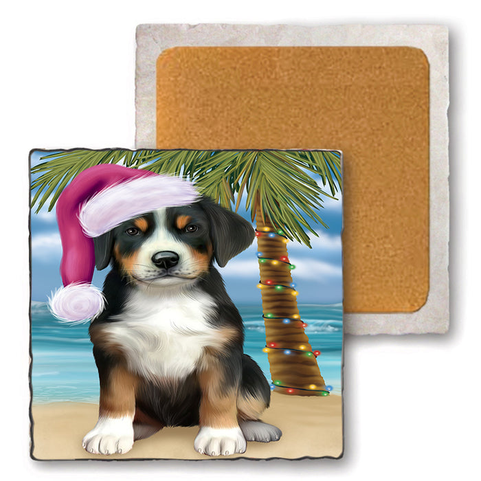 Summertime Happy Holidays Christmas Greater Swiss Mountain Dog on Tropical Island Beach Set of 4 Natural Stone Marble Tile Coasters MCST49435