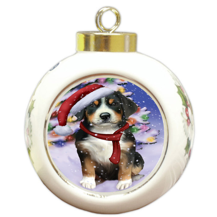 Winterland Wonderland Greater Swiss Mountain Dog In Christmas Holiday Scenic Background Round Ball Christmas Ornament RBPOR53761