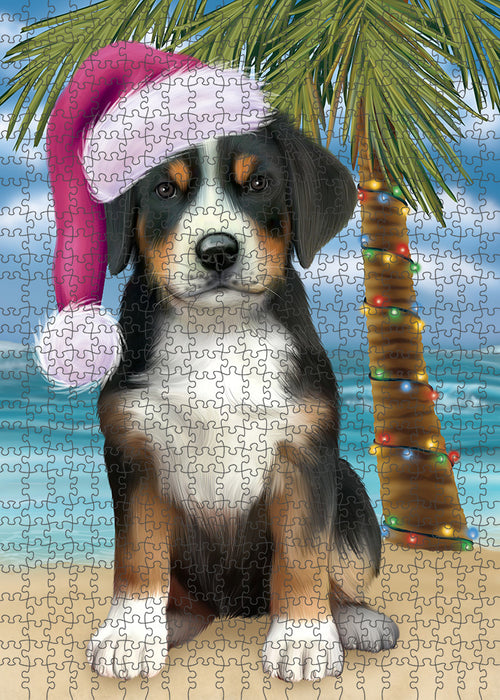 Summertime Happy Holidays Christmas Greater Swiss Mountain Dog on Tropical Island Beach Puzzle with Photo Tin PUZL85408
