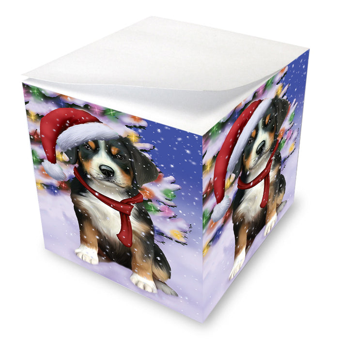 Winterland Wonderland Greater Swiss Mountain Dog In Christmas Holiday Scenic Background Note Cube NOC55407