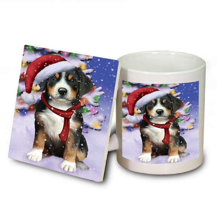 Winterland Wonderland Greater Swiss Mountain Dog In Christmas Holiday Scenic Background Mug and Coaster Set MUC53753
