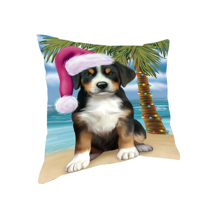 Summertime Happy Holidays Christmas Greater Swiss Mountain Dog on Tropical Island Beach Pillow PIL74876
