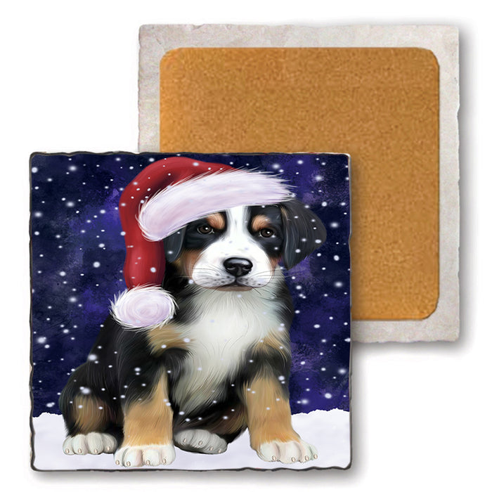 Let it Snow Christmas Holiday Greater Swiss Mountain Dog Wearing Santa Hat Set of 4 Natural Stone Marble Tile Coasters MCST49301