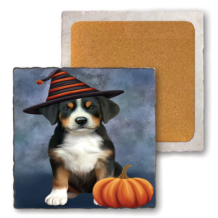 Happy Halloween Greater Swiss Mountain Dog Wearing Witch Hat with Pumpkin Set of 4 Natural Stone Marble Tile Coasters MCST49731