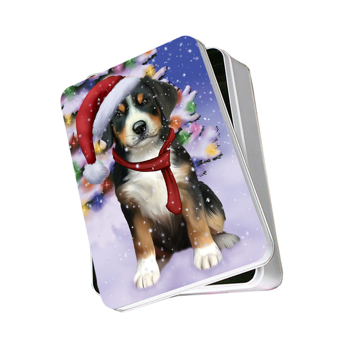 Winterland Wonderland Greater Swiss Mountain Dog In Christmas Holiday Scenic Background Photo Storage Tin PITN53704