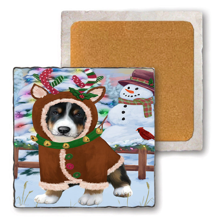 Christmas Gingerbread House Candyfest Greater Swiss Mountain Dog Set of 4 Natural Stone Marble Tile Coasters MCST51355
