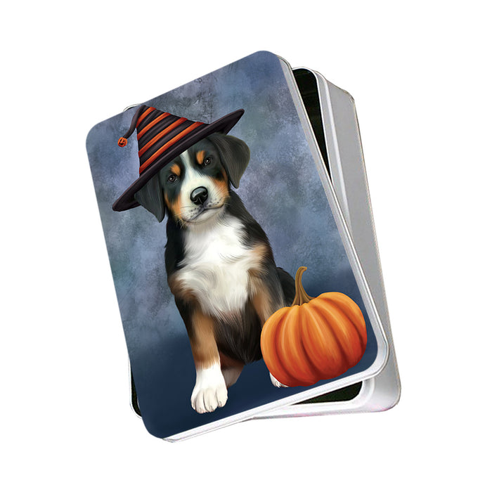 Happy Halloween Greater Swiss Mountain Dog Wearing Witch Hat with Pumpkin Photo Storage Tin PITN54674
