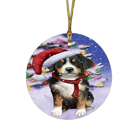 Winterland Wonderland Greater Swiss Mountain Dog In Christmas Holiday Scenic Background Round Flat Christmas Ornament RFPOR53752