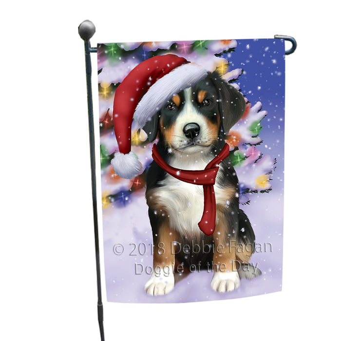 Winterland Wonderland Greater Swiss Mountain Dog In Christmas Holiday Scenic Background Garden Flag GFLG53823