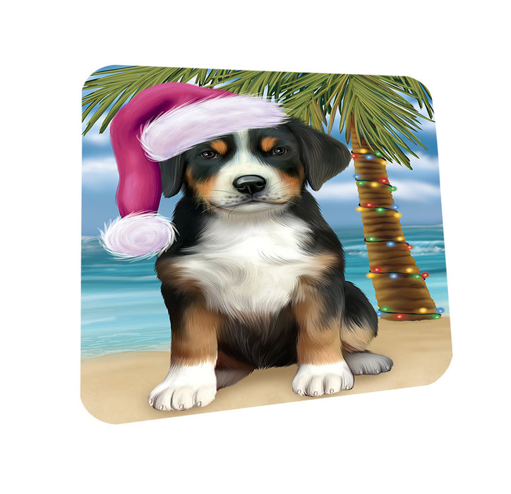 Summertime Happy Holidays Christmas Greater Swiss Mountain Dog on Tropical Island Beach Coasters Set of 4 CST54393