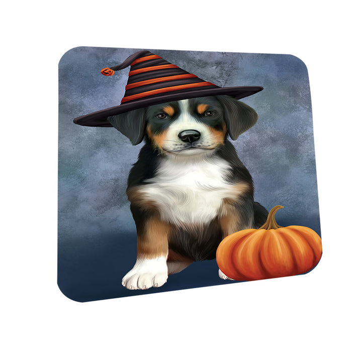 Happy Halloween Greater Swiss Mountain Dog Wearing Witch Hat with Pumpkin Coasters Set of 4 CST54689