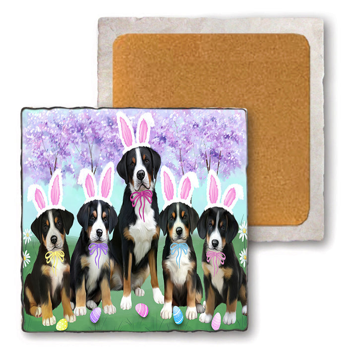 Easter Holiday Greater Swiss Mountain Dogs Set of 4 Natural Stone Marble Tile Coasters MCST51908