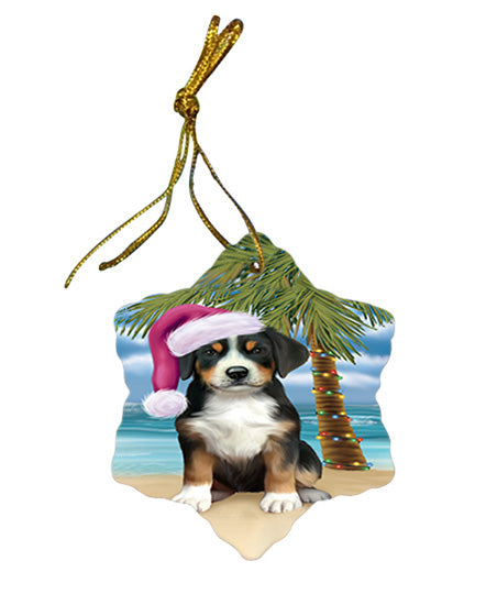 Summertime Happy Holidays Christmas Greater Swiss Mountain Dog on Tropical Island Beach Star Porcelain Ornament SPOR54554