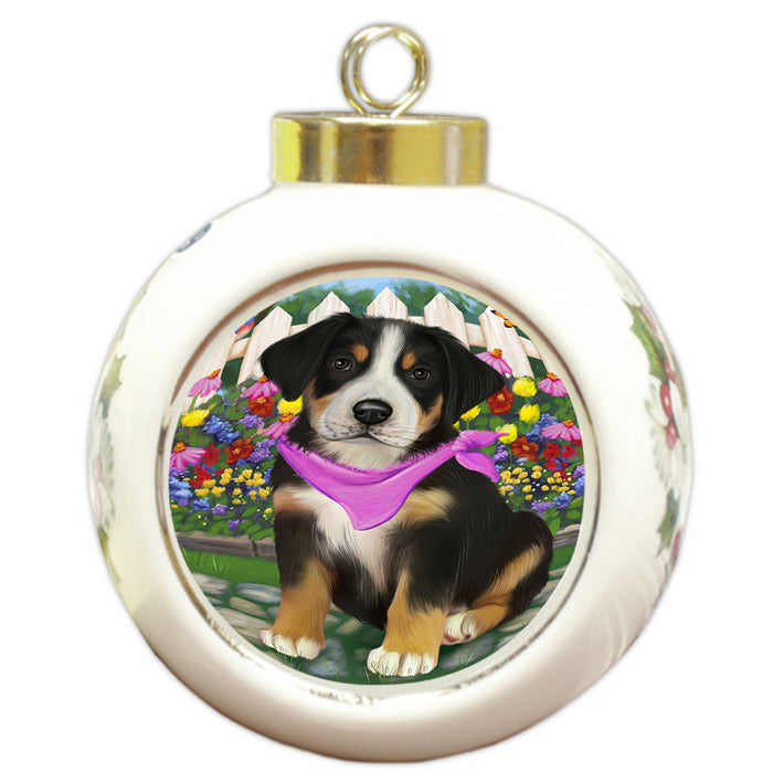 Spring Floral Greater Swiss Mountain Dog Round Ball Christmas Ornament RBPOR52262