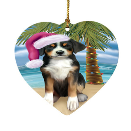 Summertime Happy Holidays Christmas Greater Swiss Mountain Dog on Tropical Island Beach Heart Christmas Ornament HPOR54563