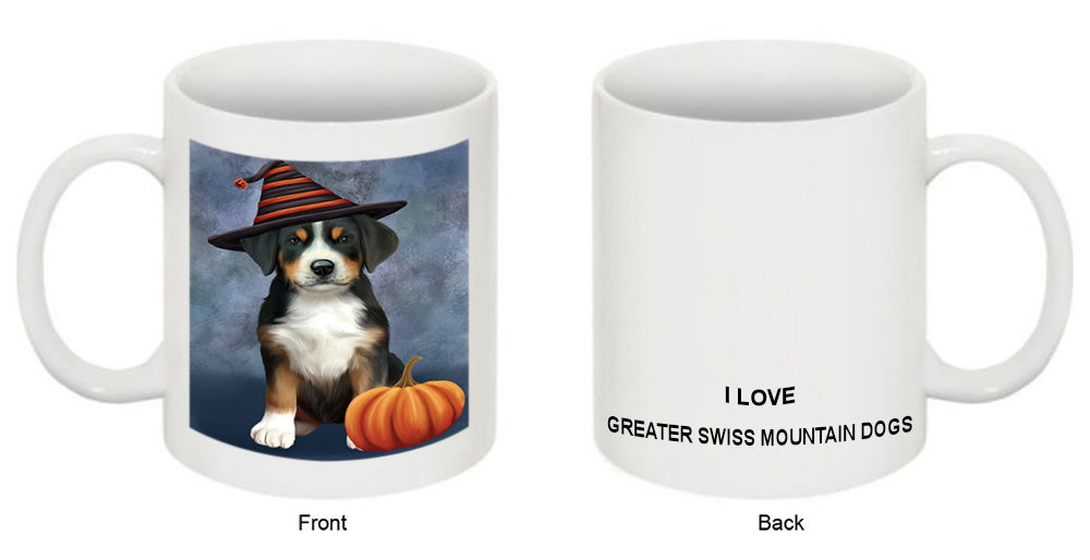 Happy Halloween Greater Swiss Mountain Dog Wearing Witch Hat with Pumpkin Coffee Mug MUG50129