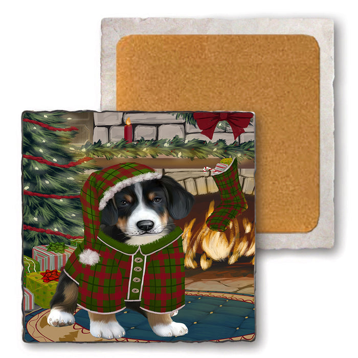 The Stocking was Hung Greater Swiss Mountain Dog Set of 4 Natural Stone Marble Tile Coasters MCST50329