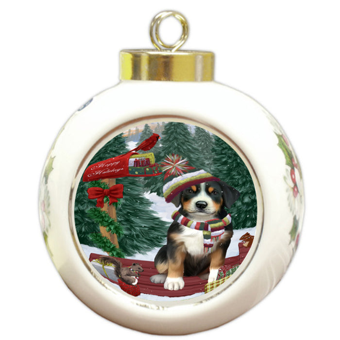 Merry Christmas Woodland Sled Greater Swiss Mountain Dog Round Ball Christmas Ornament RBPOR55303