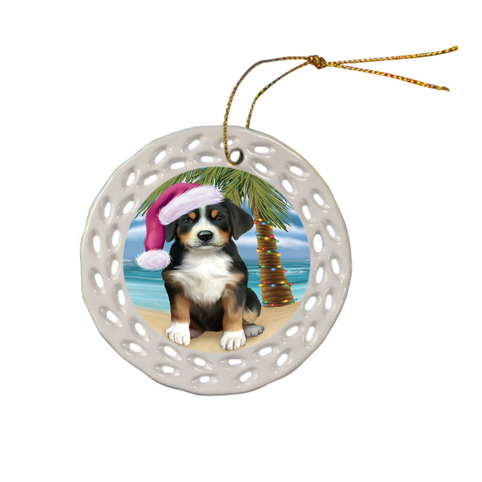 Summertime Happy Holidays Christmas Greater Swiss Mountain Dog on Tropical Island Beach Ceramic Doily Ornament DPOR54563