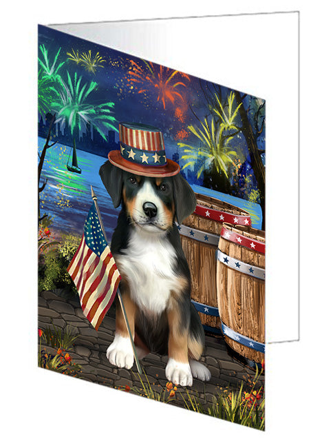 4th of July Independence Day Fireworks Greater Swiss Mountain Dog at the Lake Handmade Artwork Assorted Pets Greeting Cards and Note Cards with Envelopes for All Occasions and Holiday Seasons GCD57521