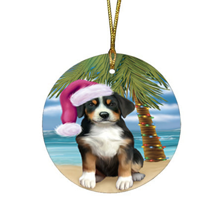 Summertime Happy Holidays Christmas Greater Swiss Mountain Dog on Tropical Island Beach Round Flat Christmas Ornament RFPOR54554