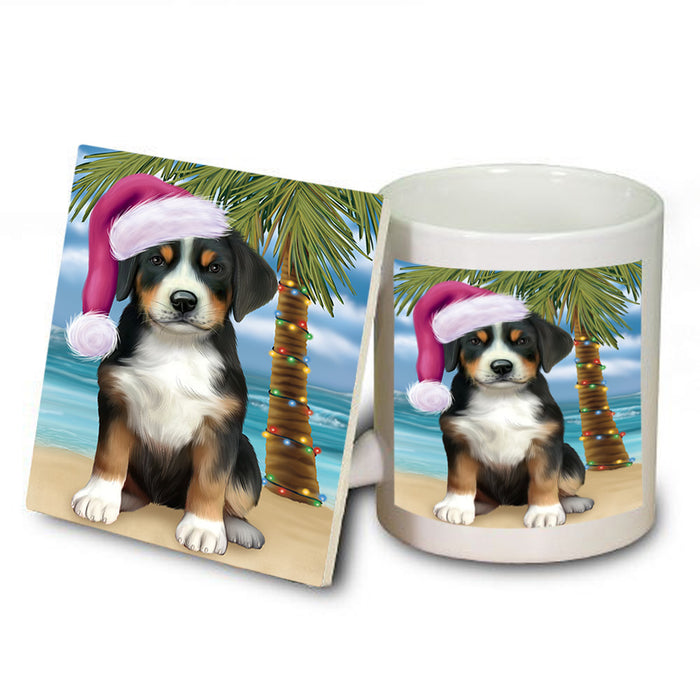 Summertime Happy Holidays Christmas Greater Swiss Mountain Dog on Tropical Island Beach Mug and Coaster Set MUC54427