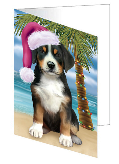 Summertime Happy Holidays Christmas Greater Swiss Mountain Dog on Tropical Island Beach Handmade Artwork Assorted Pets Greeting Cards and Note Cards with Envelopes for All Occasions and Holiday Seasons GCD67718