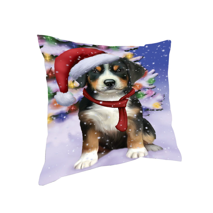 Winterland Wonderland Greater Swiss Mountain Dog In Christmas Holiday Scenic Background Pillow PIL71668
