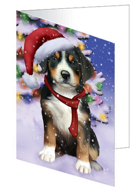 Winterland Wonderland Greater Swiss Mountain Dog In Christmas Holiday Scenic Background Handmade Artwork Assorted Pets Greeting Cards and Note Cards with Envelopes for All Occasions and Holiday Seasons GCD65312