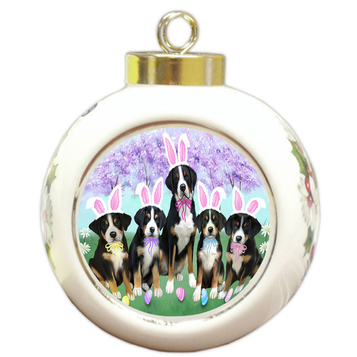 Easter Holiday Greater Swiss Mountain Dogs Round Ball Christmas Ornament RBPOR57309