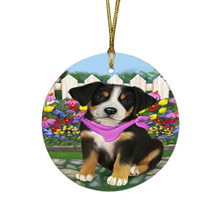 Spring Floral Greater Swiss Mountain Dog Round Flat Christmas Ornament RFPOR52253