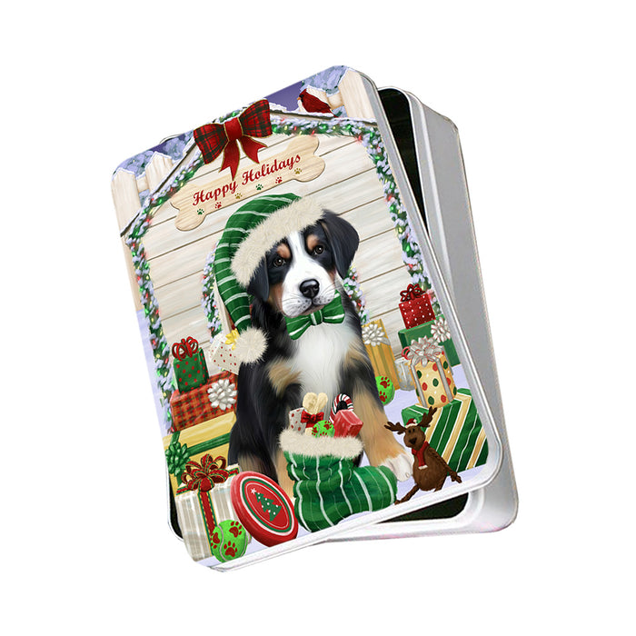 Happy Holidays Christmas Greater Swiss Mountain Dog With Presents Photo Storage Tin PITN52663