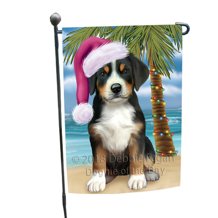 Summertime Happy Holidays Christmas Greater Swiss Mountain Dog on Tropical Island Beach Garden Flag GFLG54625
