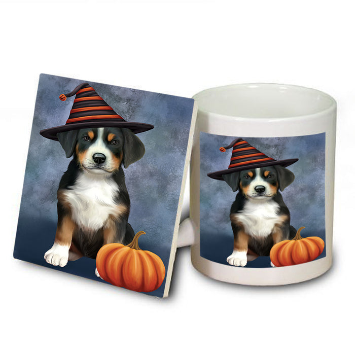 Happy Halloween Greater Swiss Mountain Dog Wearing Witch Hat with Pumpkin Mug and Coaster Set MUC54723