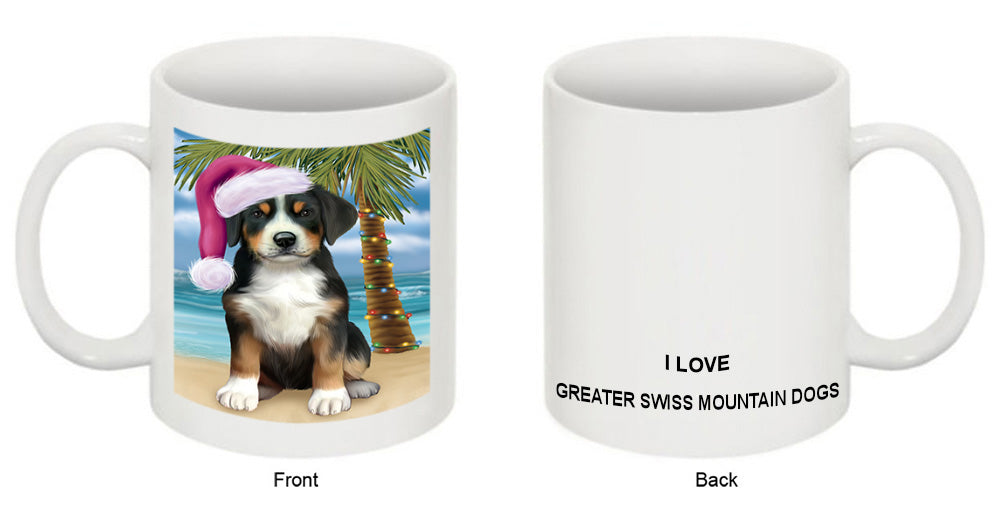 Summertime Happy Holidays Christmas Greater Swiss Mountain Dog on Tropical Island Beach Coffee Mug MUG49833
