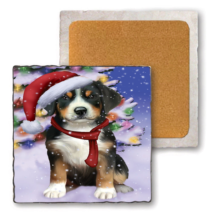 Winterland Wonderland Greater Swiss Mountain Dog In Christmas Holiday Scenic Background Set of 4 Natural Stone Marble Tile Coasters MCST48761