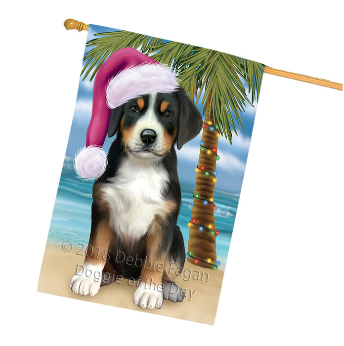 Summertime Happy Holidays Christmas Greater Swiss Mountain Dog on Tropical Island Beach House Flag FLG54761