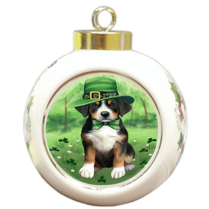 St. Patricks Day Irish Portrait Greater Swiss Mountain Dog Round Ball Christmas Ornament RBPOR58140
