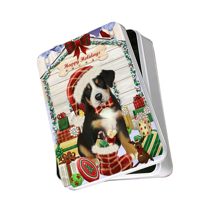 Happy Holidays Christmas Greater Swiss Mountain Dog With Presents Photo Storage Tin PITN52664
