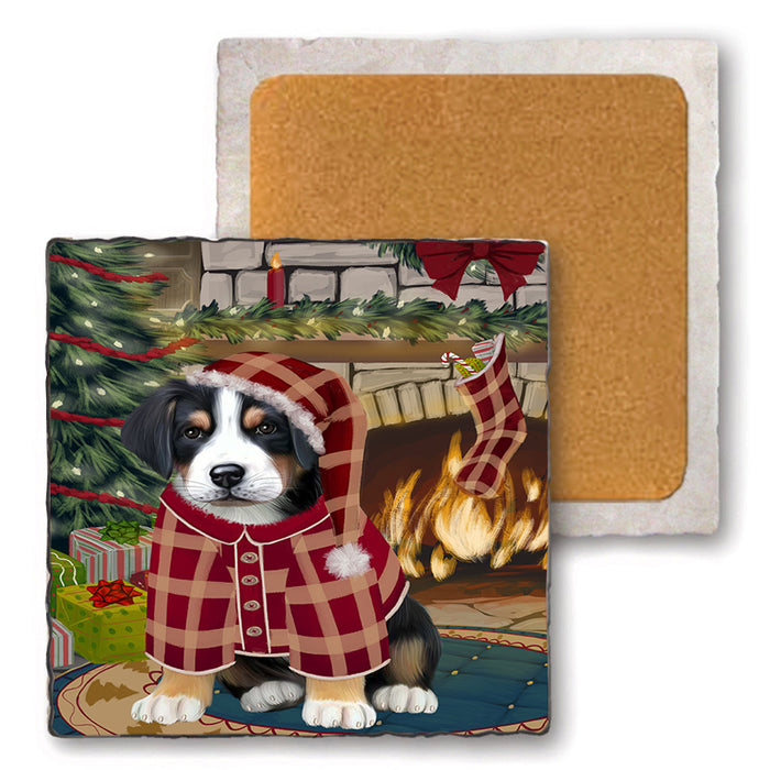 The Stocking was Hung Greater Swiss Mountain Dog Set of 4 Natural Stone Marble Tile Coasters MCST50330