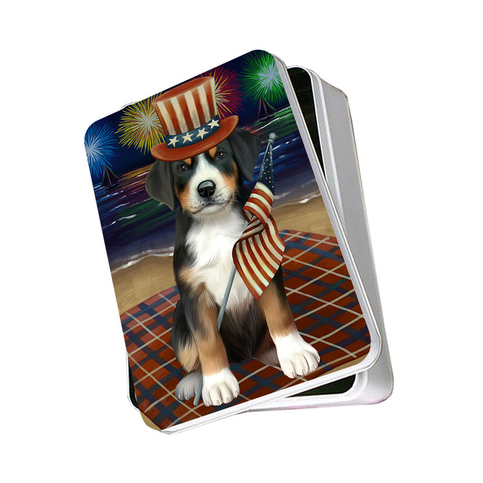 4th of July Independence Day Firework Greater Swiss Mountain Dog Photo Storage Tin PITN52439