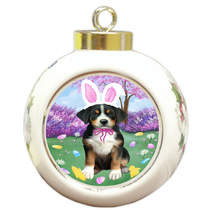 Easter Holiday Greater Swiss Mountain Dog Round Ball Christmas Ornament RBPOR57310