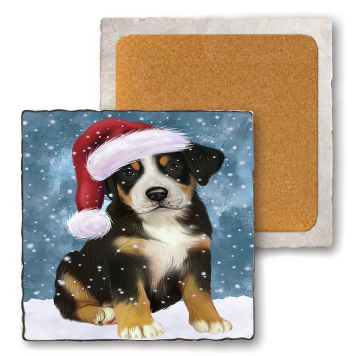 Let it Snow Christmas Holiday Greater Swiss Mountain Dog Wearing Santa Hat Set of 4 Natural Stone Marble Tile Coasters MCST49302