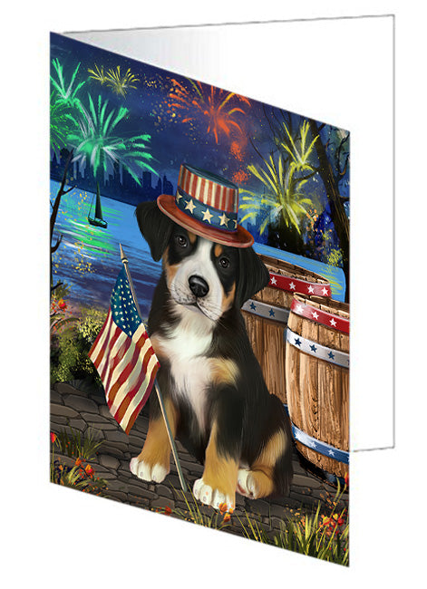 4th of July Independence Day Fireworks Greater Swiss Mountain Dog at the Lake Handmade Artwork Assorted Pets Greeting Cards and Note Cards with Envelopes for All Occasions and Holiday Seasons GCD57524